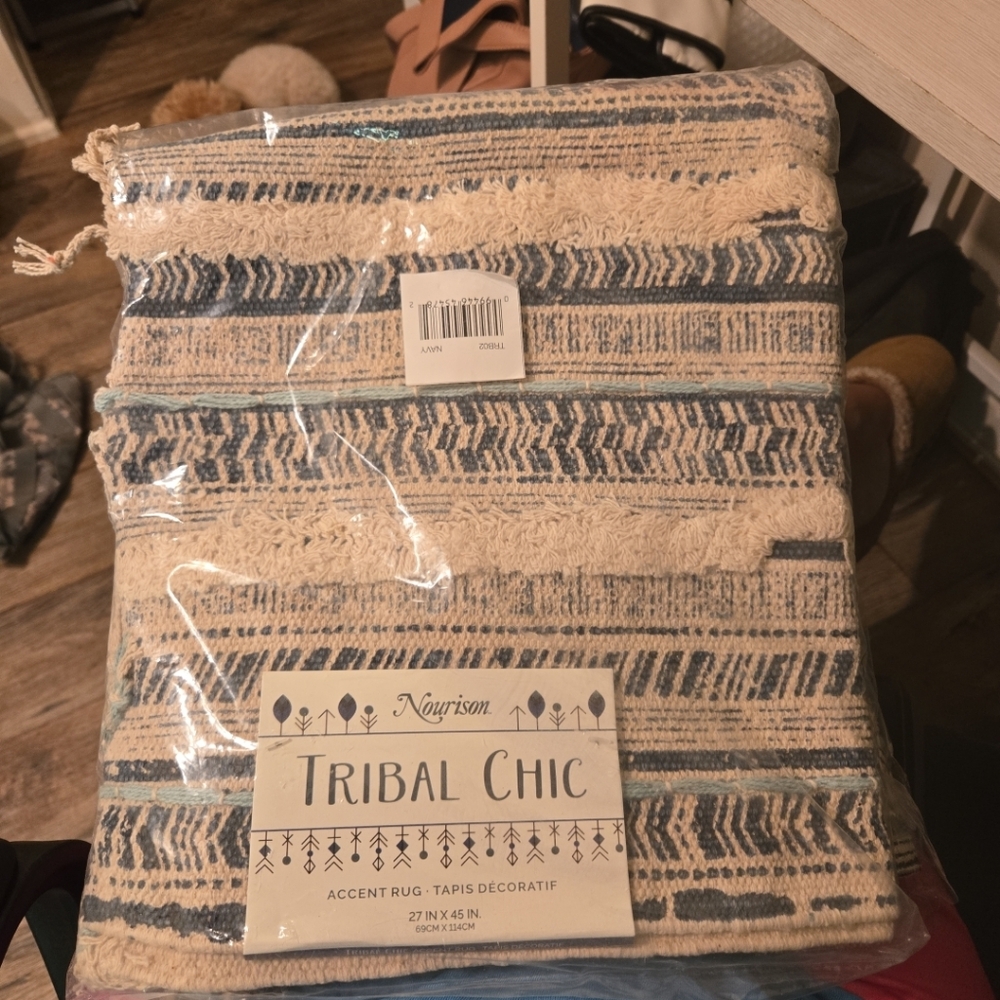 Nourison Tribal Chic 27" x 45" Cotton Striped Woven Accent Rug - Blue / Ivory‎
